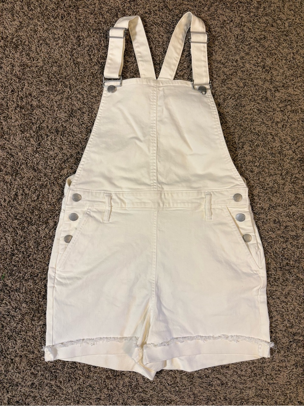 LOFT White Denim Short Overalls Womens Size 8 Frayed Hem Jean Shortalls Summer